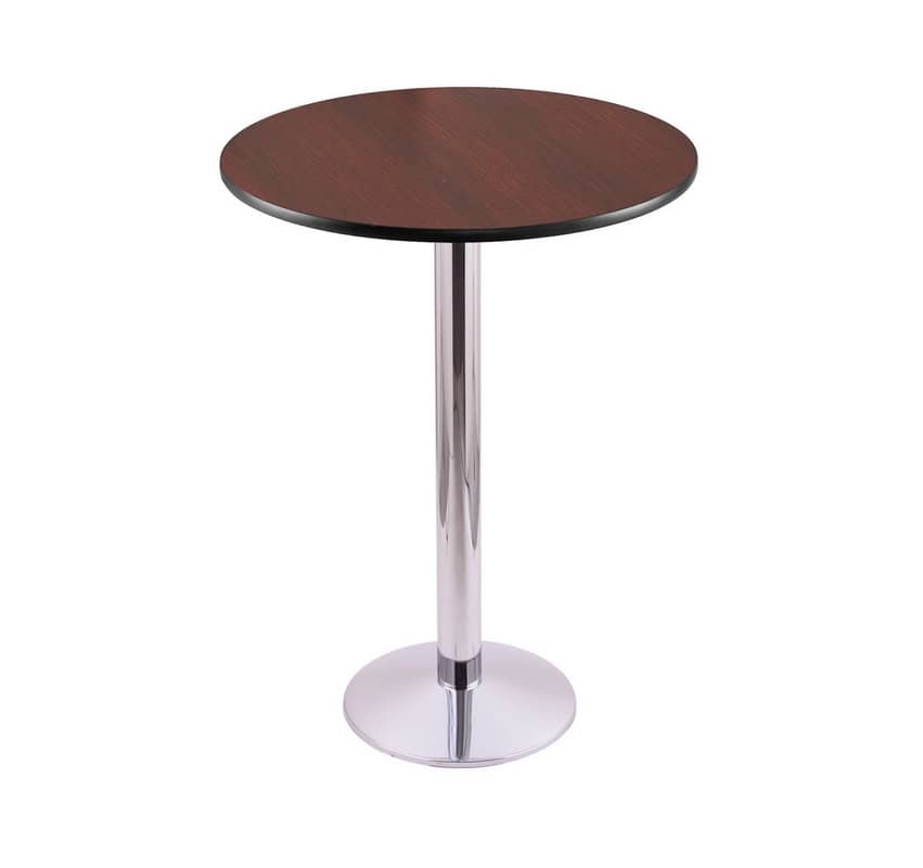 42-inch tall chrome table with reversible 30-inch black/dark cherry round top and round footed 16-inch base