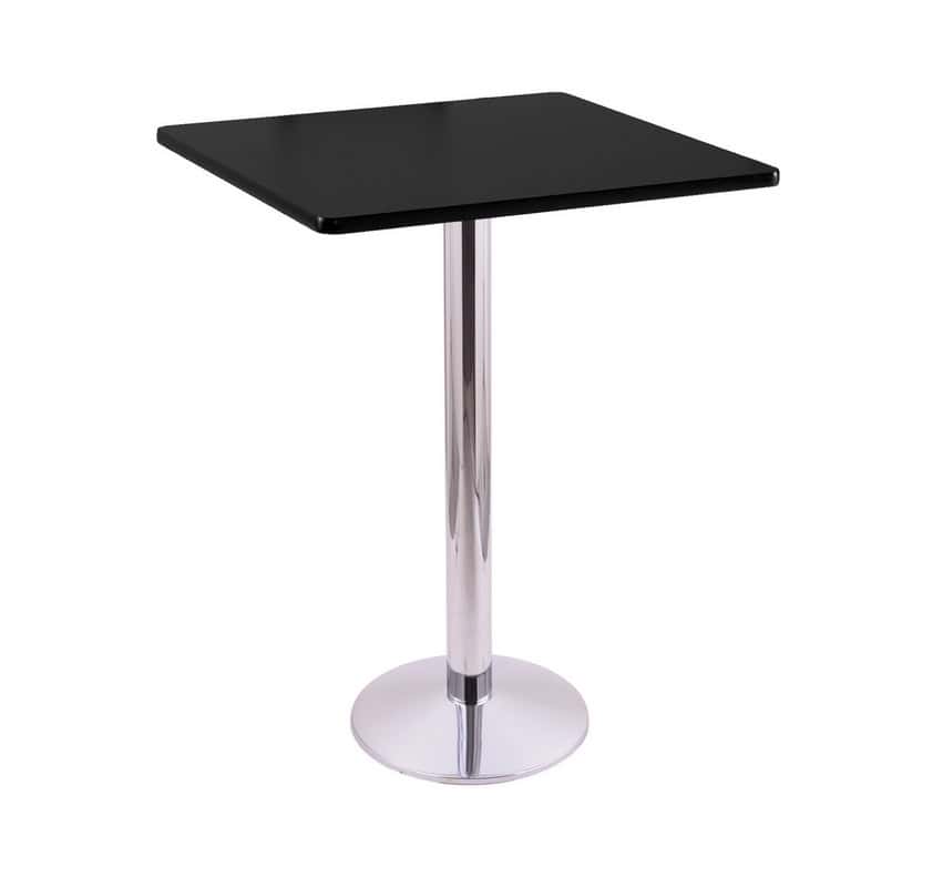 42-inch tall chrome table with reversible 30x30-inch black/dark cherry square top and round footed 16-inch base