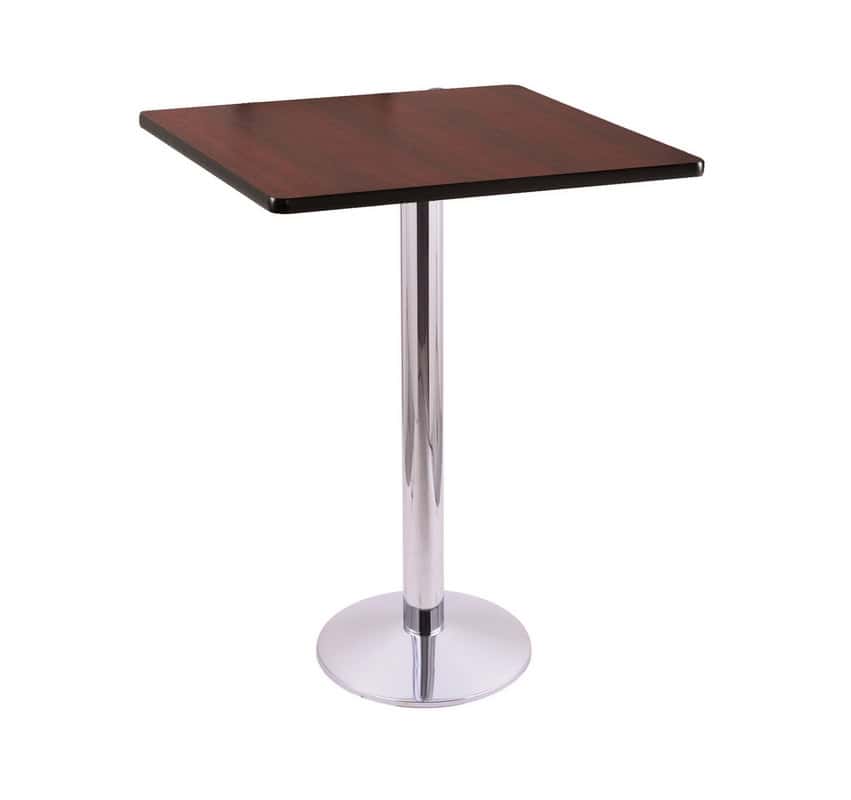 42-inch tall chrome table with reversible 30x30-inch black/dark cherry square top and round footed 16-inch base