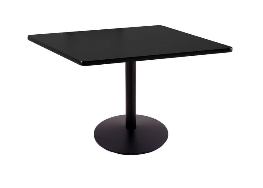 30-inch tall black table with reversible 36x36-inch black/dark cherry square top and round footed 22-inch base