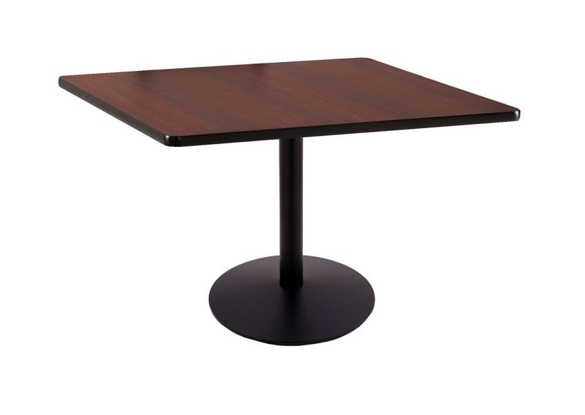 30-inch tall black table with reversible 36x36-inch black/dark cherry square top and round footed 22-inch base