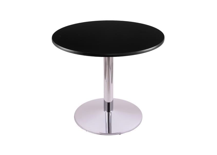 30-inch tall chrome table with reversible 30-inch black/dark cherry round top and round footed 22-inch base