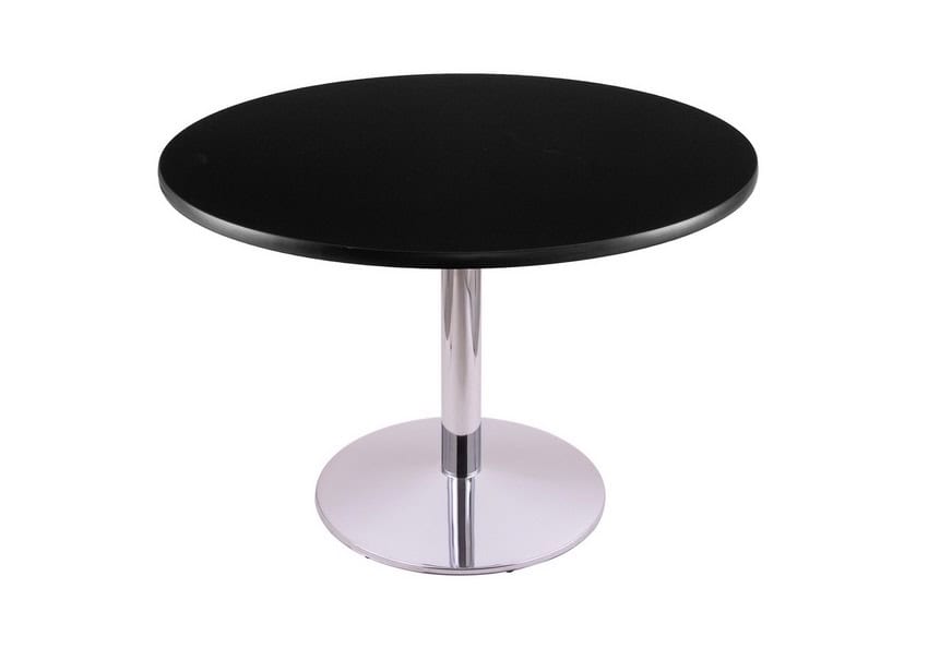 30-inch tall chrome table with reversible 36-inch black/dark cherry round top and round footed 22-inch base