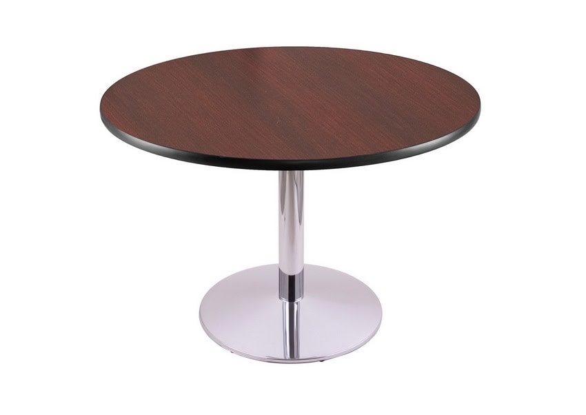 30-inch tall chrome table with reversible 36-inch black/dark cherry round top and round footed 22-inch base