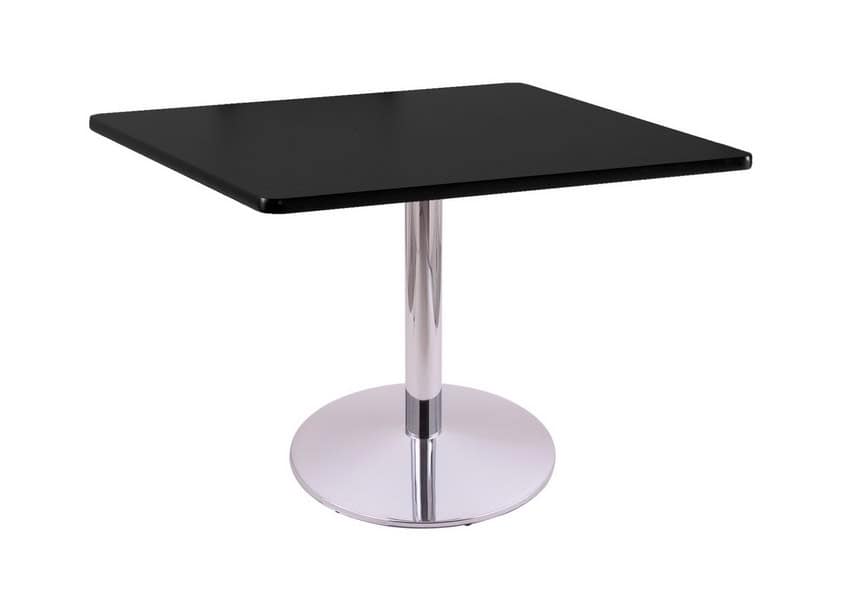 30-inch tall chrome table with reversible 36x36-inch black/dark cherry square top and round footed 22-inch base