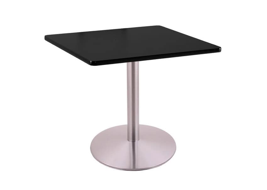 30-inch tall stainless table with reversible 30x30-inch black/dark cherry square top and round footed 22-inch base