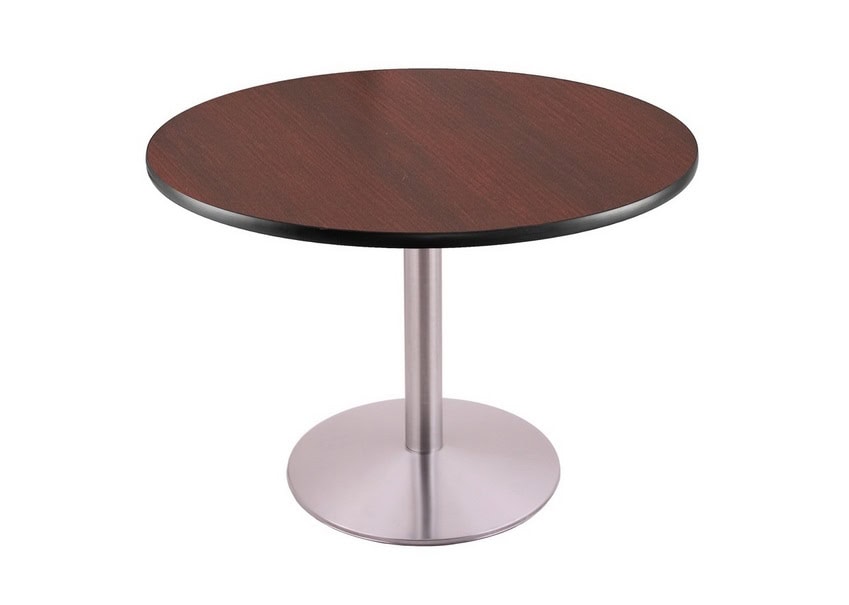 30-inch tall stainless table with reversible 36-inch black/dark cherry round top and round footed 22-inch base