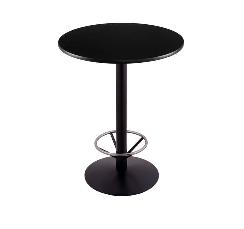 42-inch tall black table with reversible 30-inch black/dark cherry round top and round footed 22-inch base with foot ring