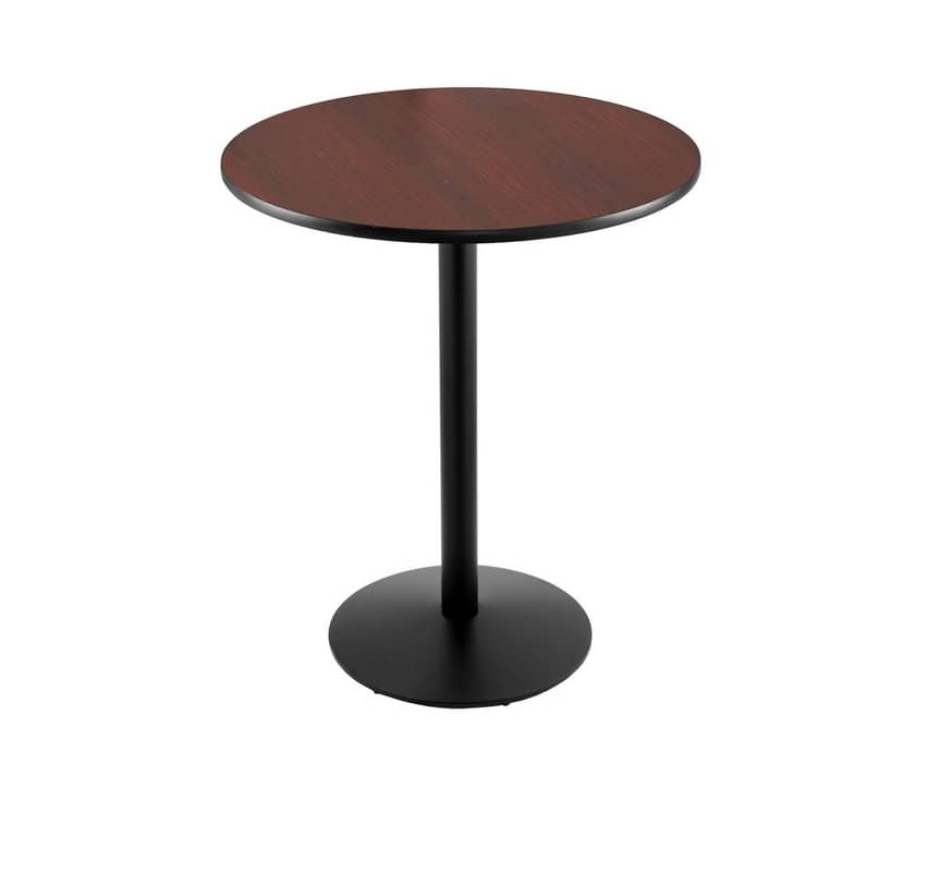 42-inch tall black table with reversible 30-inch black/dark cherry round top and round footed 22-inch base