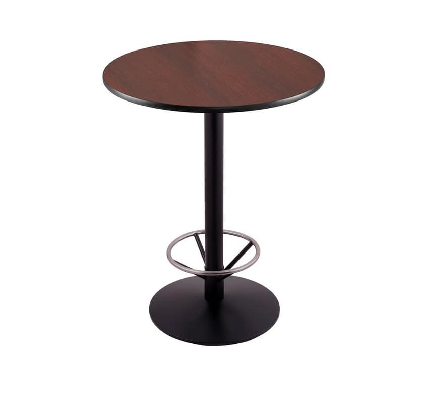 42-inch tall black table with reversible 30-inch black/dark cherry round top and round footed 22-inch base with foot ring