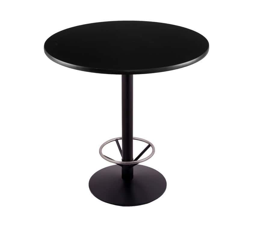 42-inch tall black table with reversible 36-inch black/dark cherry round top and round footed 22-inch base with foot ring