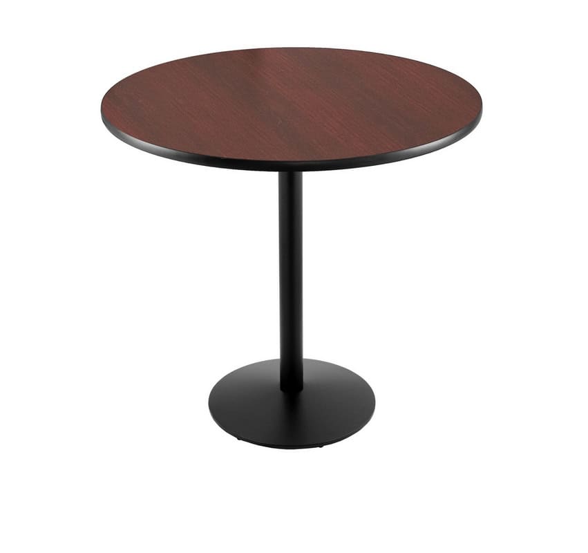 42-inch tall black table with reversible 36-inch black/dark cherry round top and round footed 22-inch base