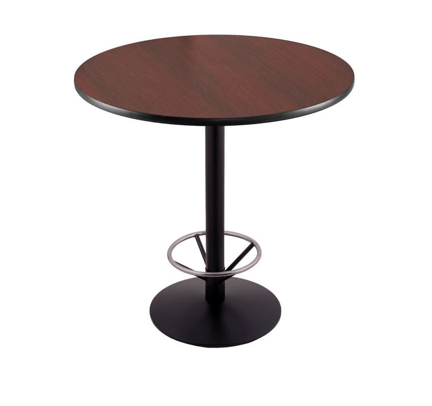 42-inch tall black table with reversible 36-inch black/dark cherry round top and round footed 22-inch base with foot ring