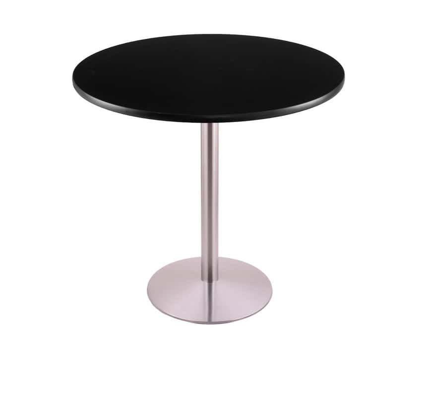 42-inch tall stainless table with reversible 36-inch black/dark cherry round top and round footed 22-inch base