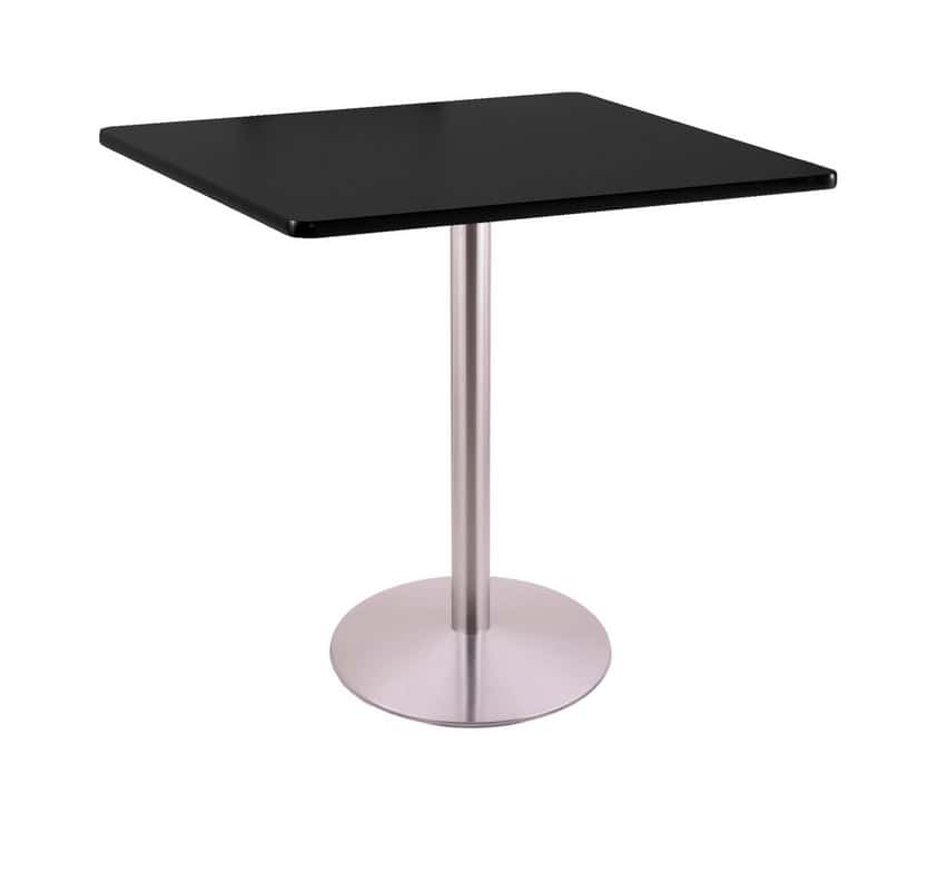 42-inch tall stainless table with reversible 36x36-inch black/dark cherry square top and round footed 22-inch base