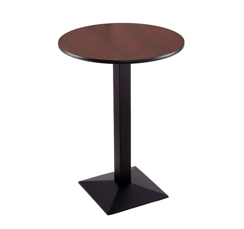 36-inch tall black table with reversible 30-inch black/dark cherry round top and square 17-inch base