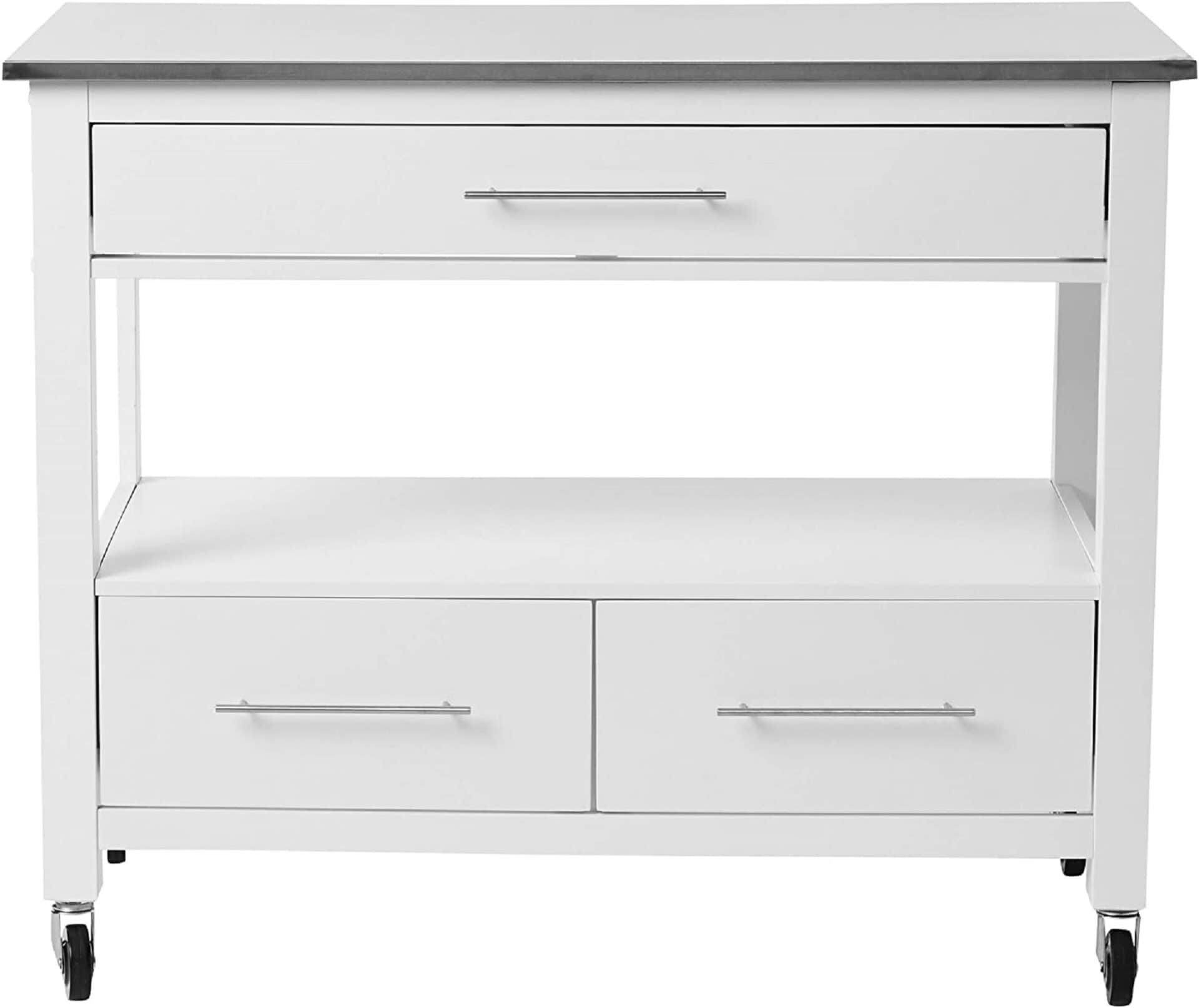 White and Stainless Steel Rolling Kitchen Island Bar Cart