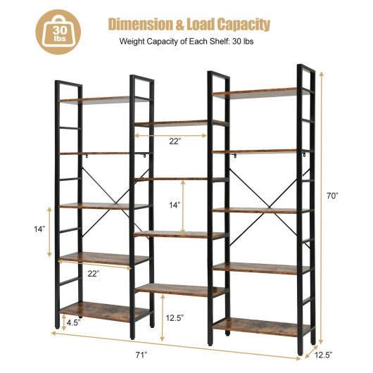 Industrial Triple Wide 5 Tier Bookshelf with Open Shelves
