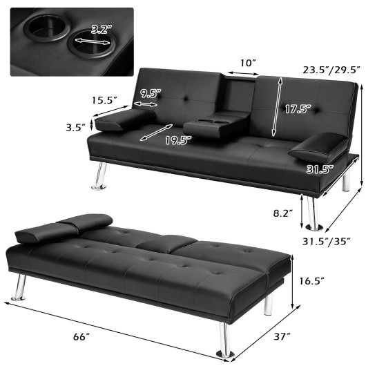 Convertible Leather Futon Sofa Bed with Cup Holders and Armrests