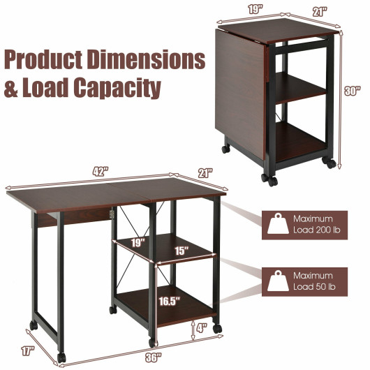 Folding Computer Desk with Storage Shelves and Lockable Wheels