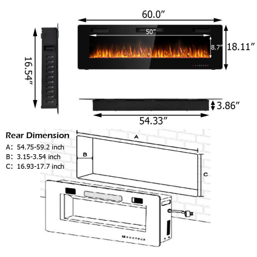 60 Inch Wall-Mounted Electric Fireplace with Adjustable Flame Settings