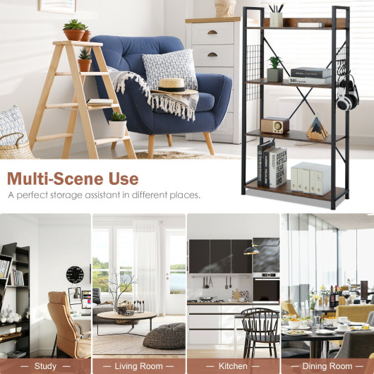 Industrial 4-Tier Bookshelf with Adjustable Shelf and Hooks
