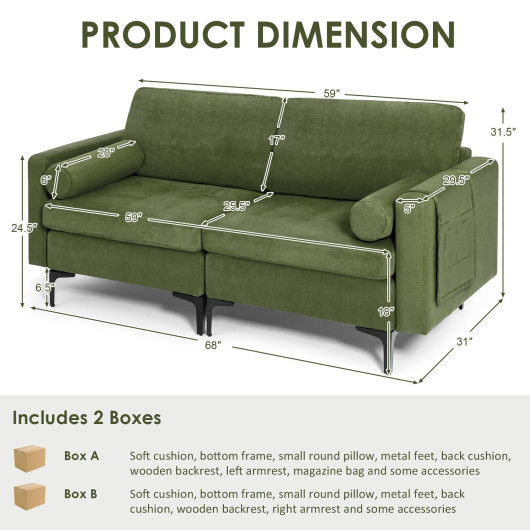Modular Army Green Loveseat Sofa with Bolsters and Storage