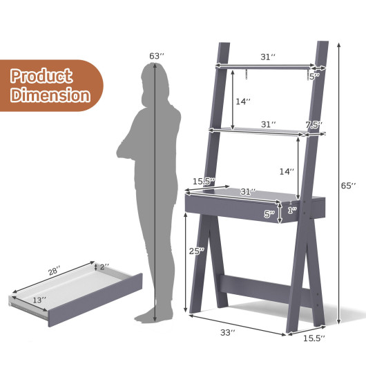 Ladder Shelf Desk with Drawer, Countertop, and 2 Shelves