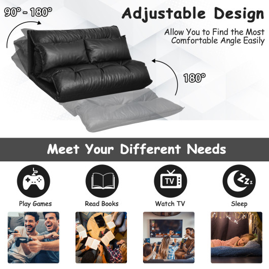 Adjustable PU Leather Folding Sofa Bed with Pillows Black