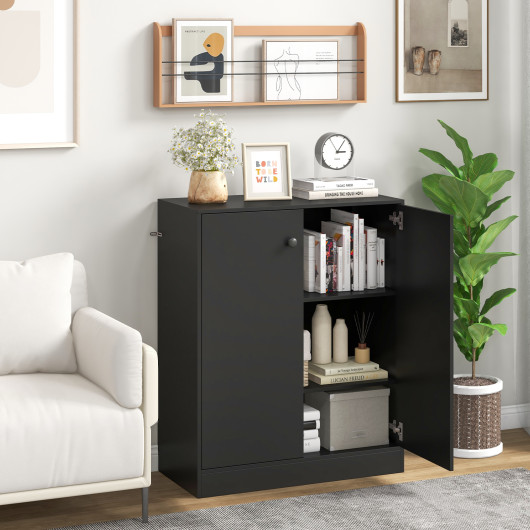 Modern Black 2-Door Storage Cabinet with Open Shelving