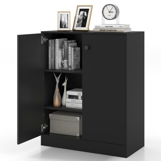 Modern Black 2-Door Storage Cabinet with Open Shelving
