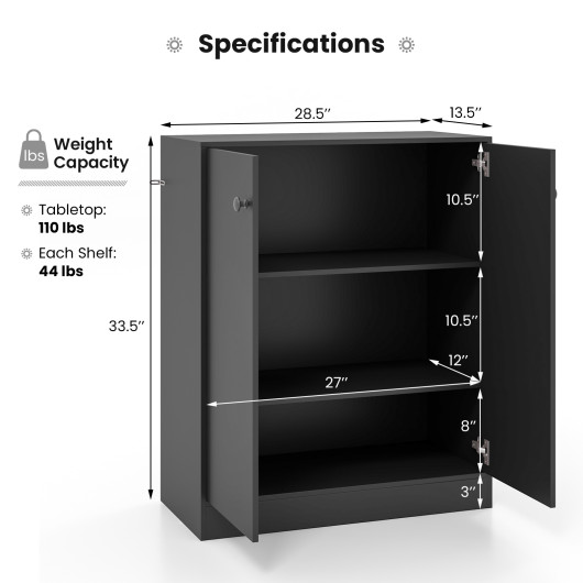 Modern Black 2-Door Storage Cabinet with Open Shelving