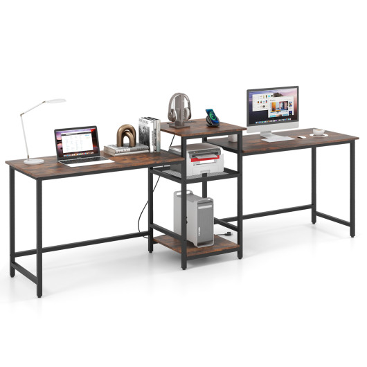 Rustic Brown 2-Person Desk with Power Outlet and Printer Stand - Image 4