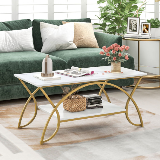 Modern Gold 2-Tier Coffee Table with Faux Marble Top