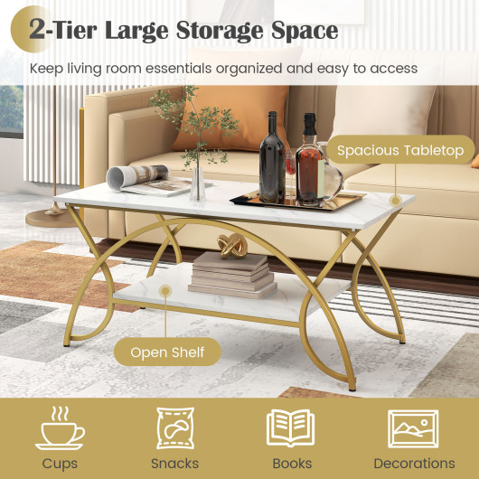 Modern Gold 2-Tier Coffee Table with Faux Marble Top - Image 7