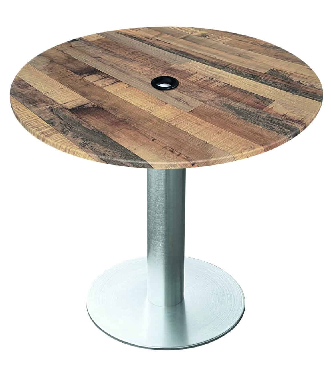 30-inch tall indoor/outdoor table with 36-inch diameter rustic round top with umbrella hole, brushed aluminum base, and 18-inch diameter foot