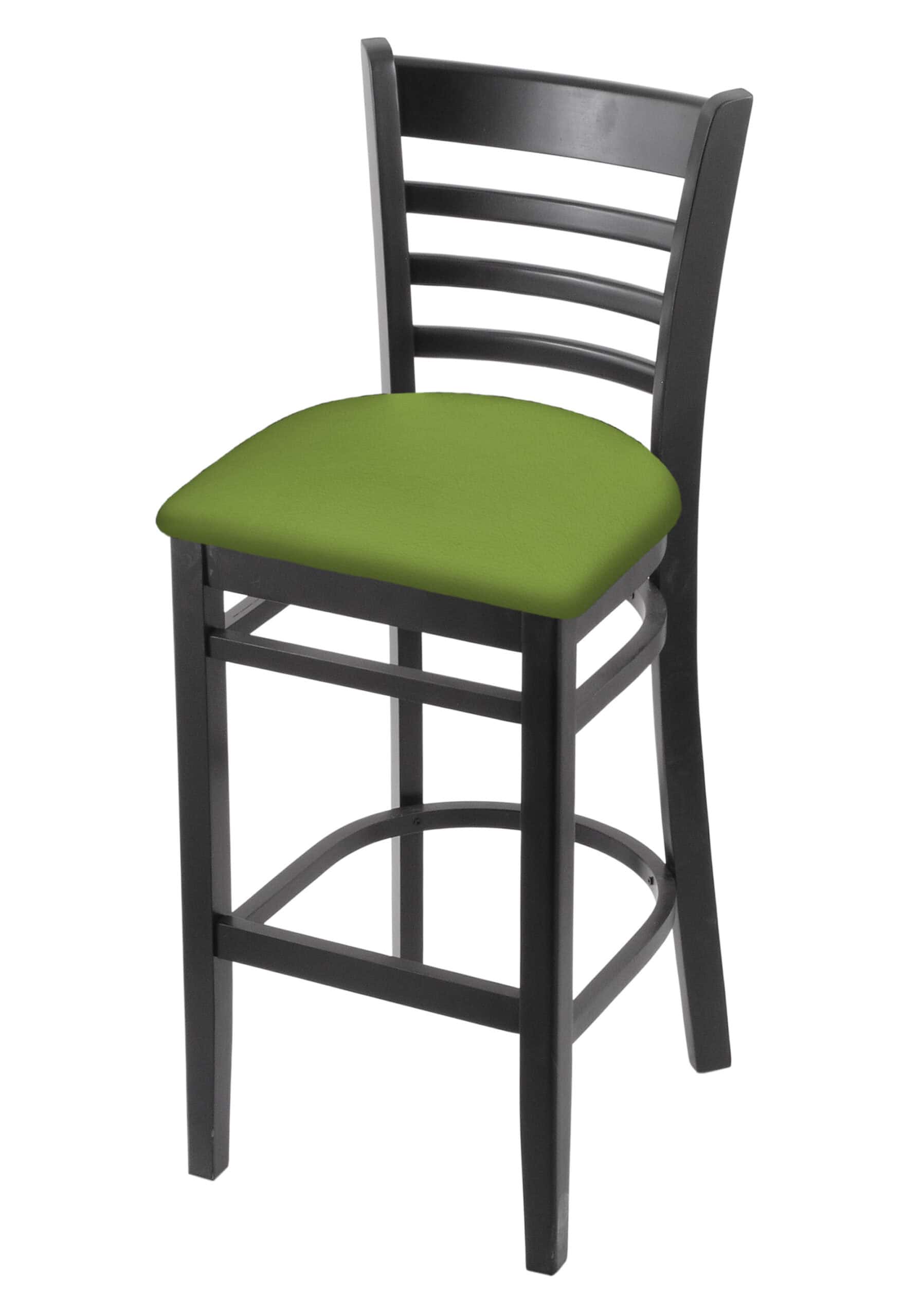 hampton 30-inch wood bar stool with black finish, canter kiwi green wood seat, and ladder back