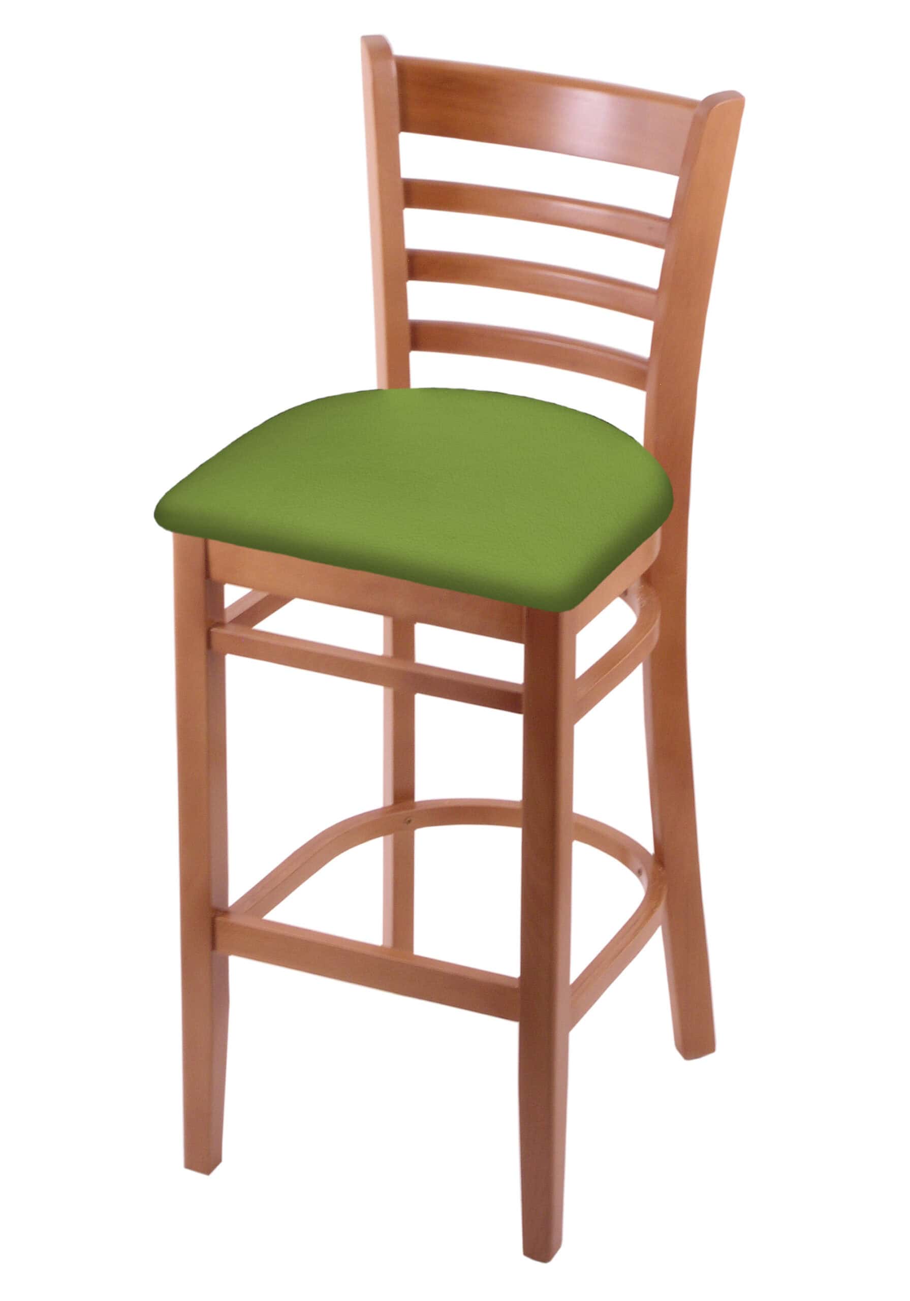 hampton 30-inch wood bar stool with medium finish, canter kiwi green wood seat, and ladder back