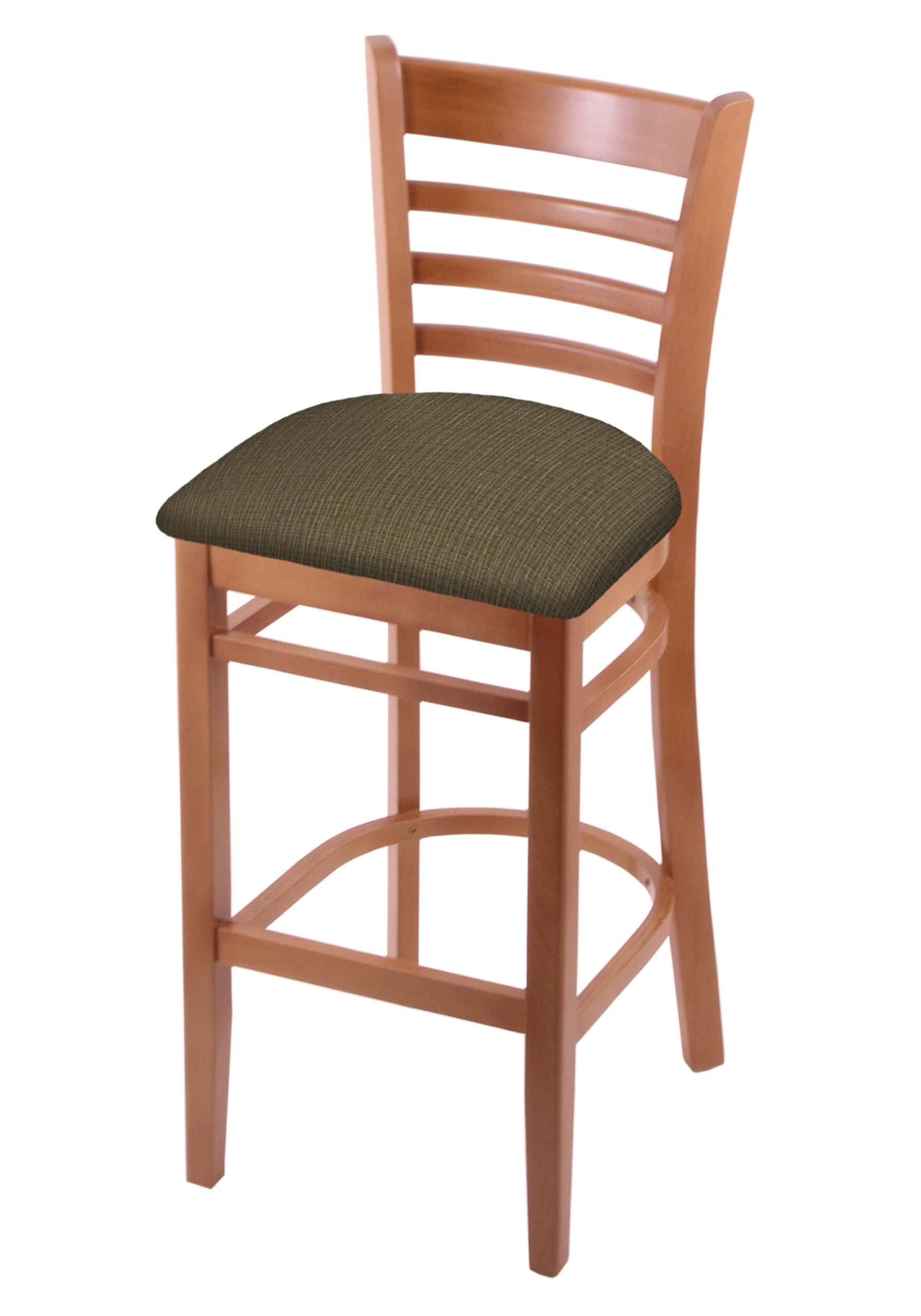 hampton 30-inch wood bar stool with medium finish, graph cork wood seat, and ladder back