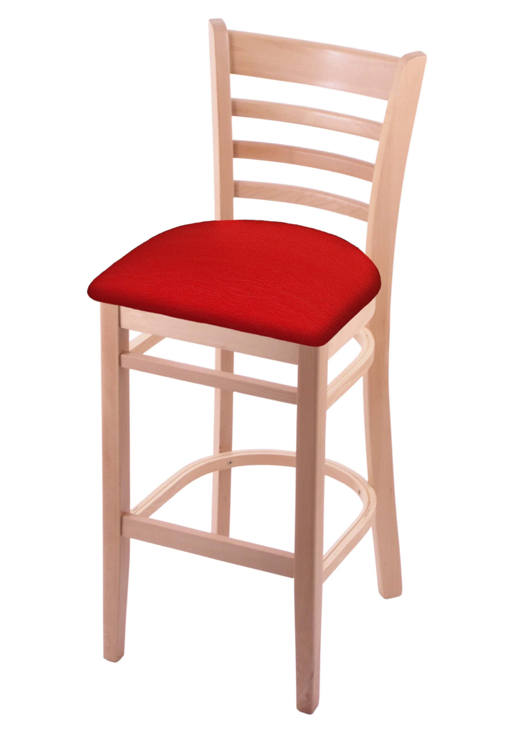 hampton 30-inch wood bar stool with natural finish, canter red wood seat, and ladder back