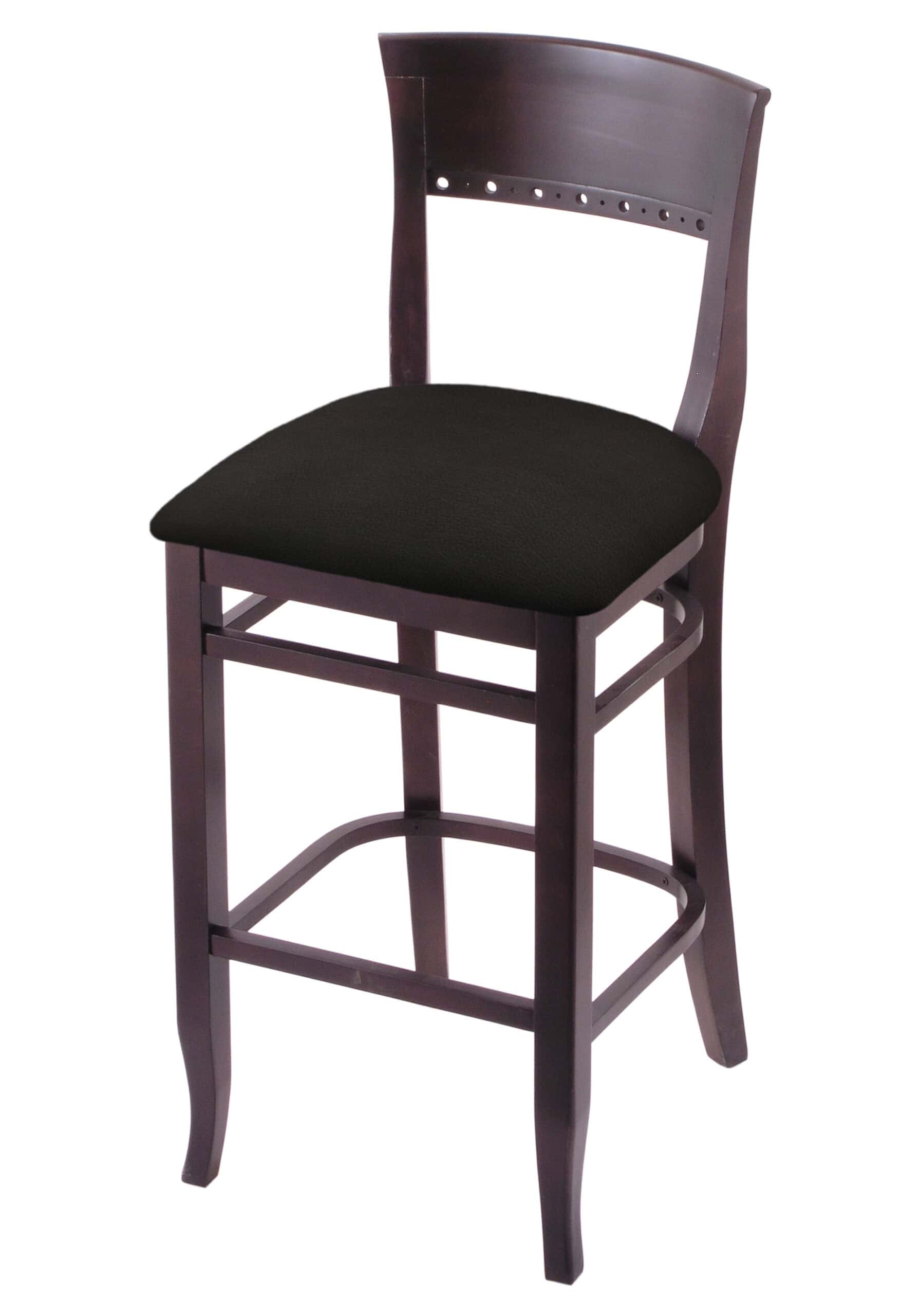 hampton 30-inch wood bar stool with dark cherry finish, canter espresso wood seat, and curved decorative back