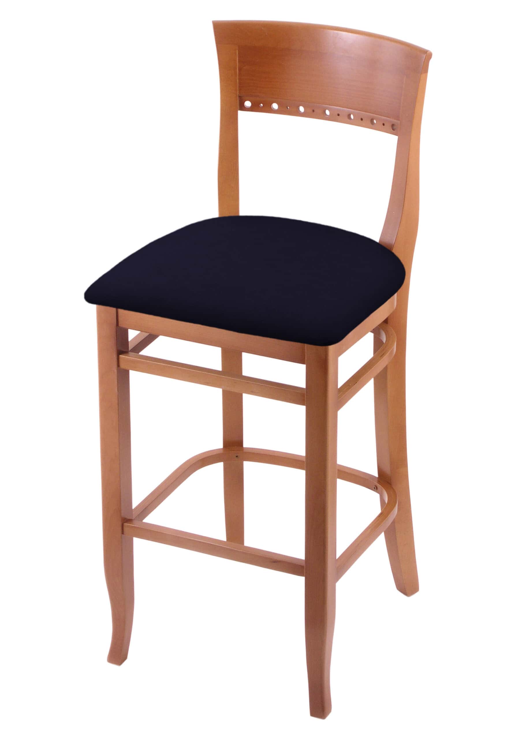 hampton 30-inch wood bar stool with medium finish, canter twilight wood seat, and curved decorative back
