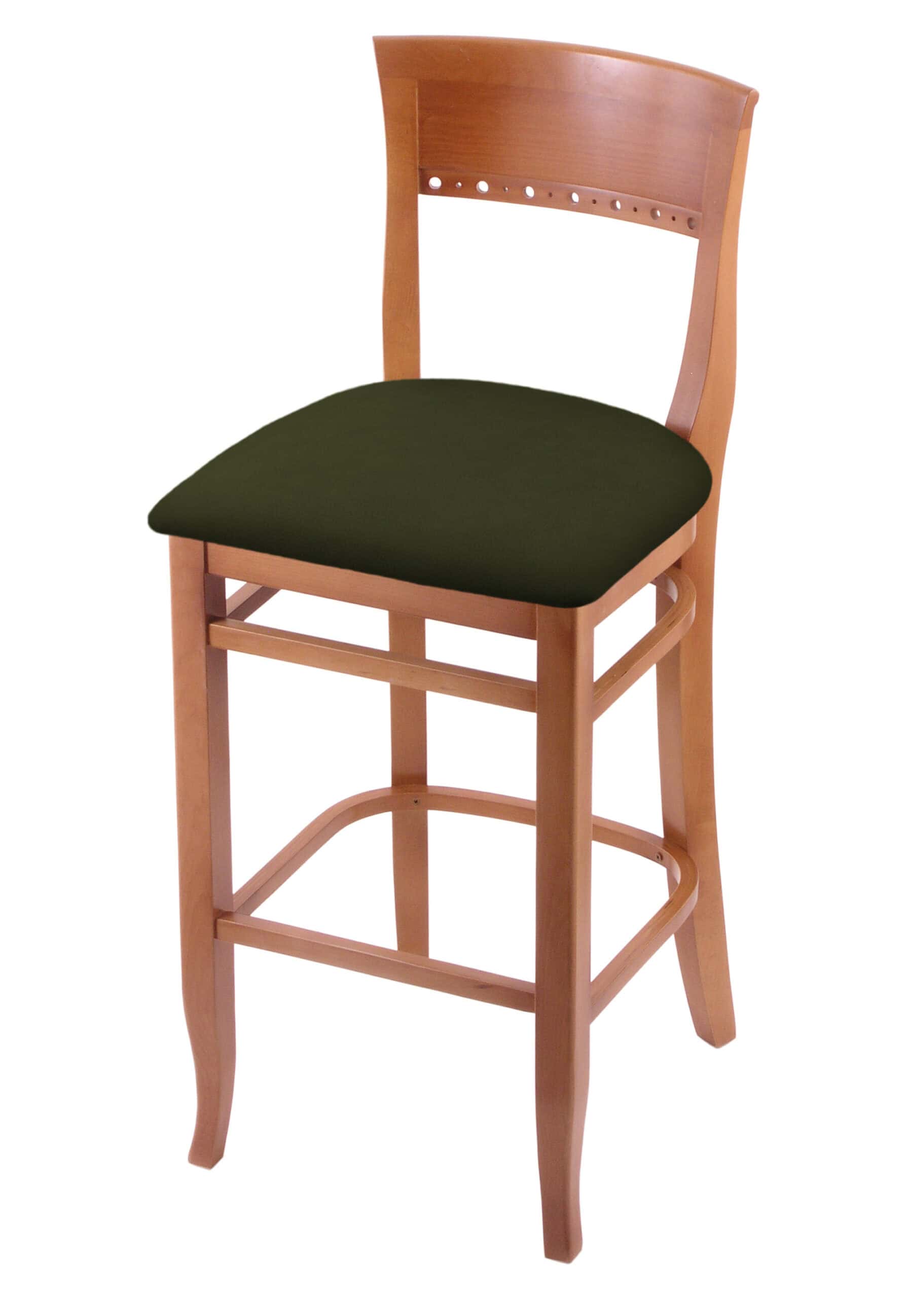hampton 30-inch wood bar stool with medium finish, canter pine wood seat, and curved decorative back