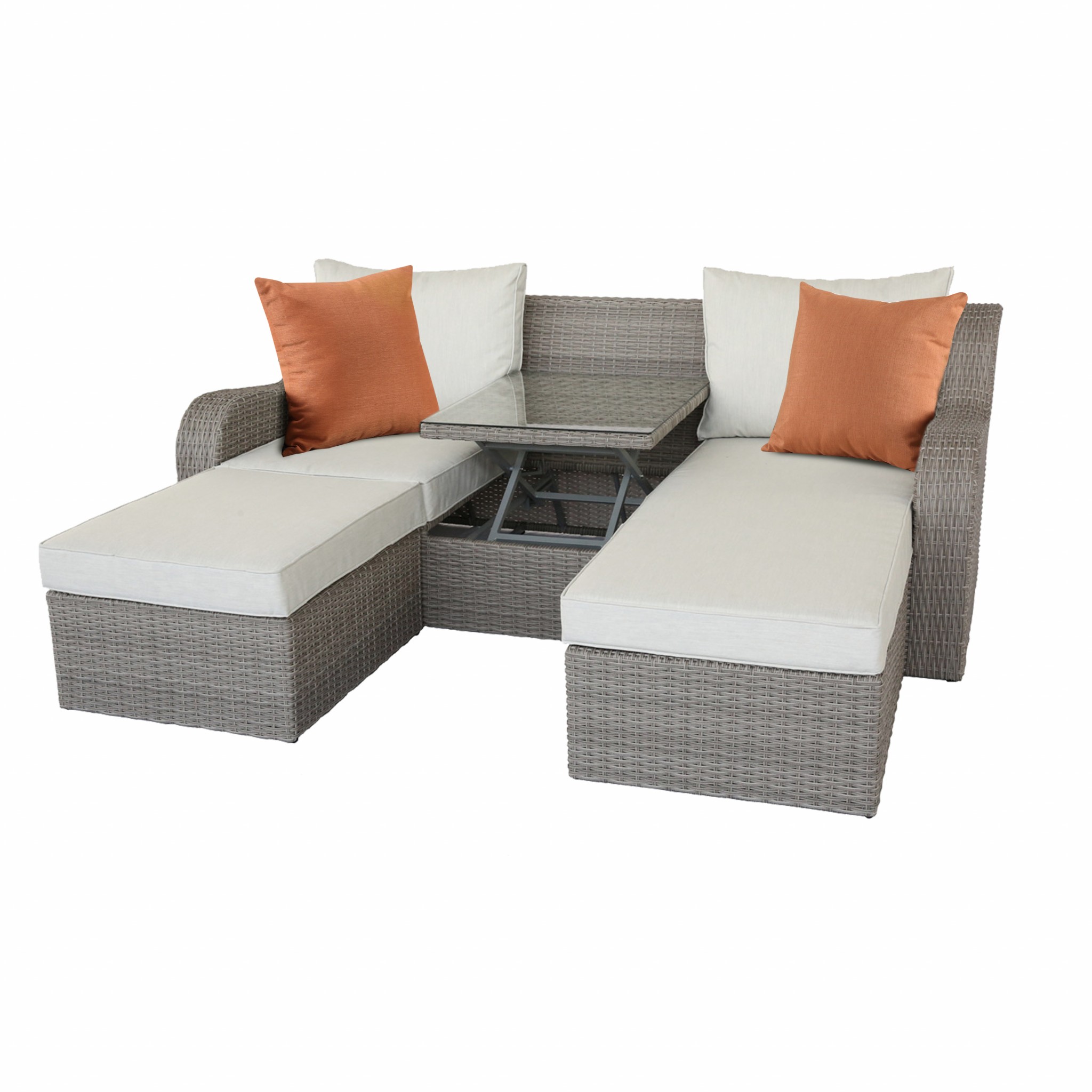 Three Piece Outdoor Wicker Sectional with Beige Cushions and Table