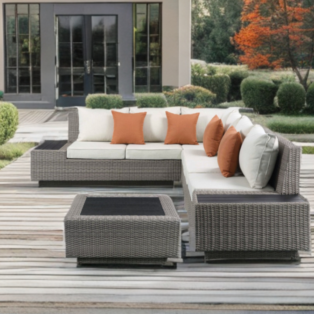 Beige Modular L-Shaped Outdoor Sectional with Console and Pillows