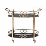 Gold and Black Oval Rolling Bar Cart with Glass Top