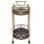 Gold and Black Oval Rolling Bar Cart with Glass Top