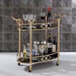Gold and Black Oval Rolling Bar Cart with Glass Top