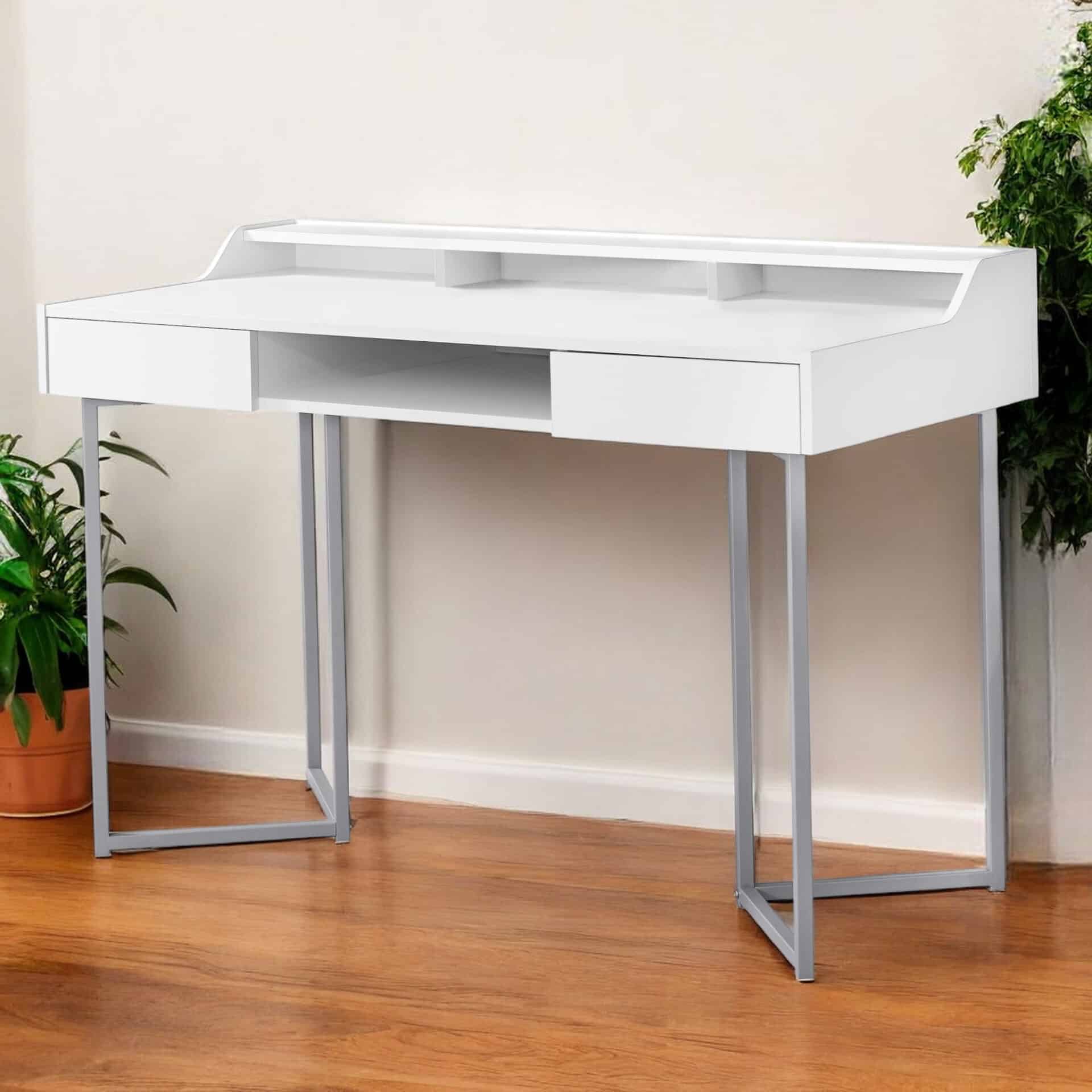 White and Silver Writing Desk With Two Drawers 22-Inch