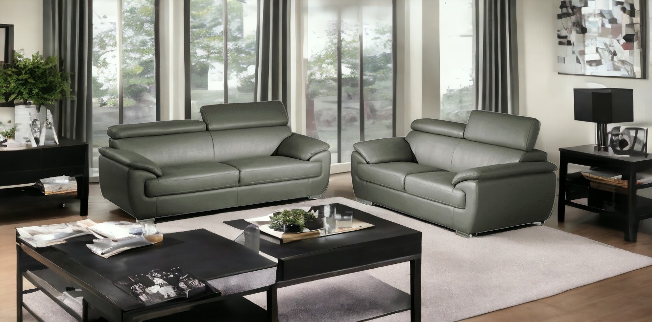Gray Genuine Leather 5-Person Sofa and Loveseat Set, 2-Piece - Image 2